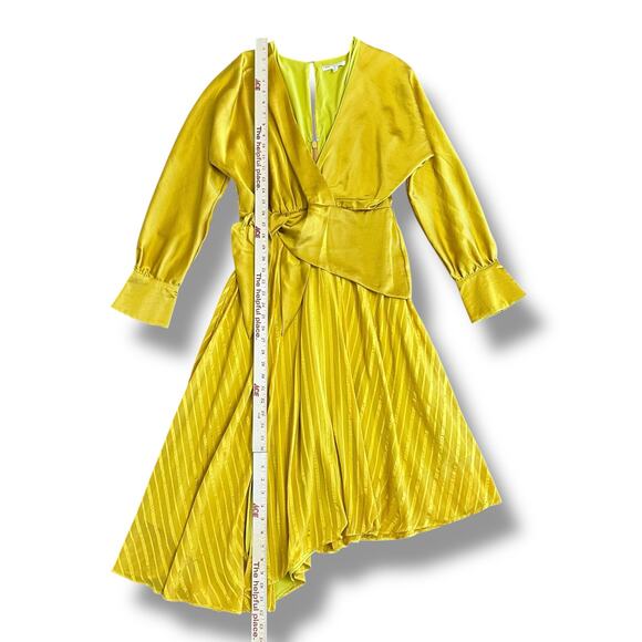 Chartreuse Pleated Wrap Dress Long Sleeve Asym Hem Midi Yellow Women - Picture 4 of 11